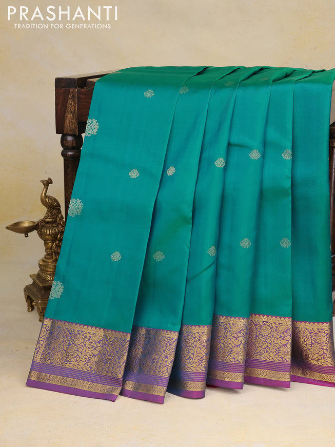 Pure kanchipuram silk saree teal green and dual shade of purple with zari woven buttas and zari woven border