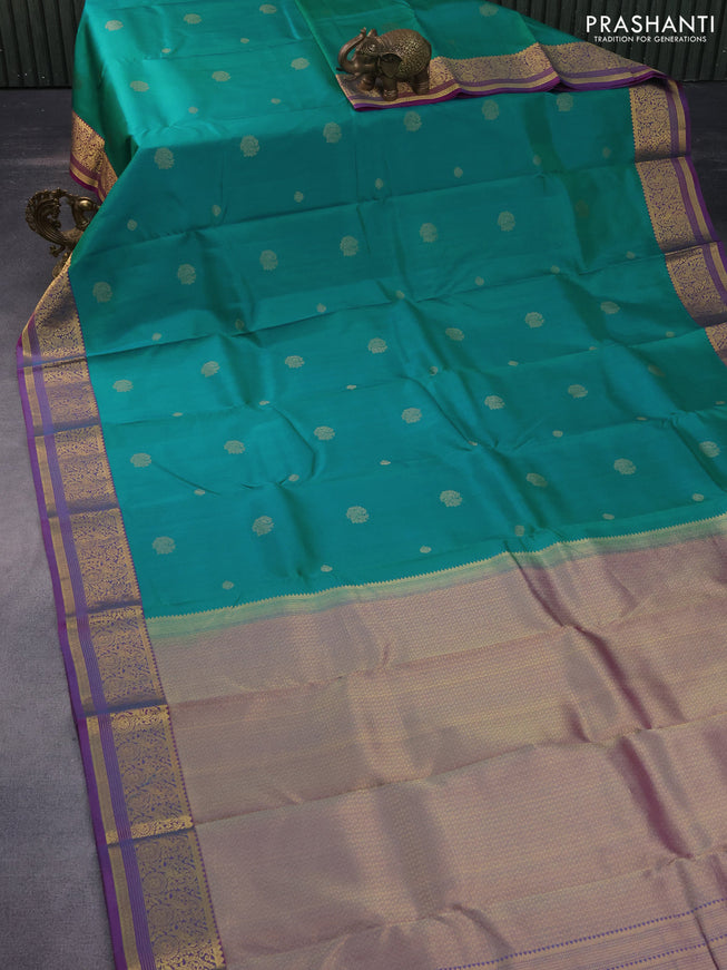 Pure kanchipuram silk saree teal green and dual shade of purple with zari woven buttas and zari woven border