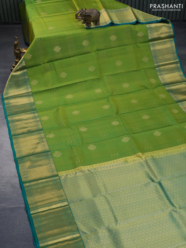 Pure kanchipuram silk saree light green and teal green with allover zari weaves & buttas and long zari woven border