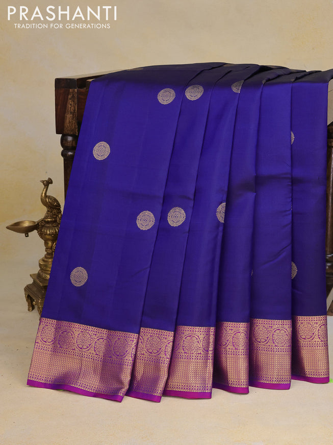 Pure kanchipuram silk saree dark blue and purple with zari woven buttas and zari woven border