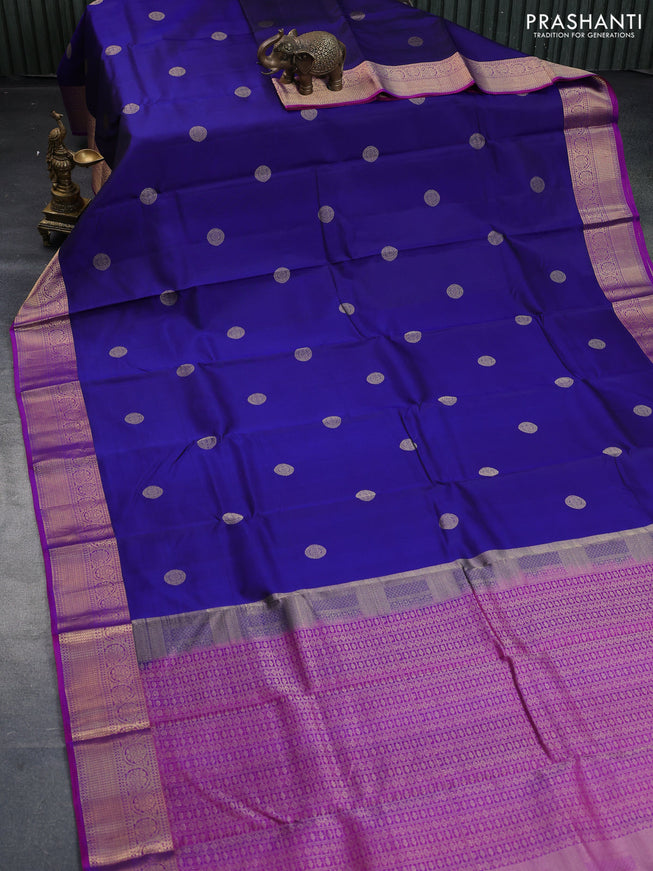 Pure kanchipuram silk saree dark blue and purple with zari woven buttas and zari woven border