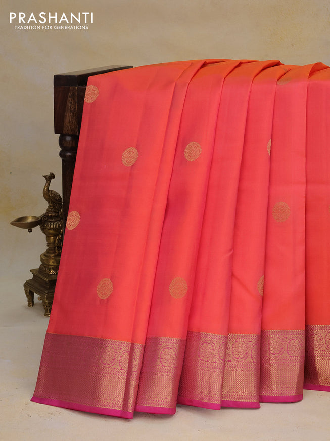 Pure kanchipuram silk saree orange and pink with zari woven buttas and zari woven border