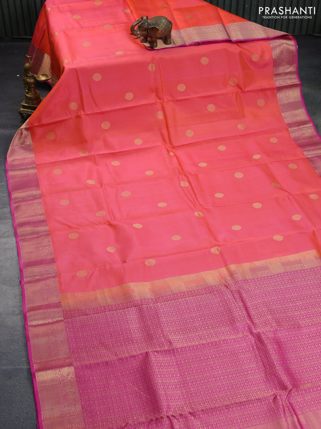 Pure kanchipuram silk saree orange and pink with zari woven buttas and zari woven border