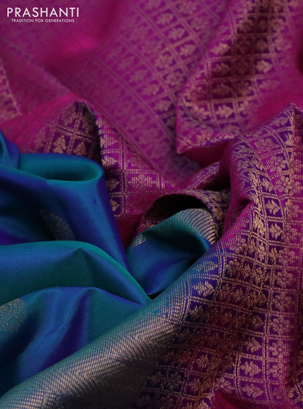 Pure kanchipuram silk saree dual shade of bluish green and purple with zari woven buttas and rich zari woven border