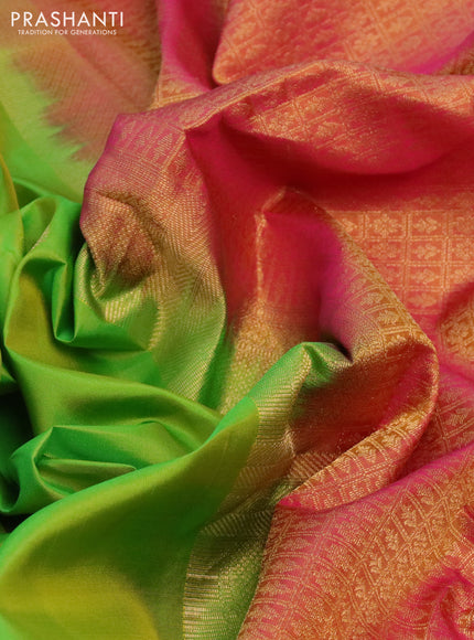 Pure kanchipuram silk saree light green and dual shade of pink with zari woven buttas and rich zari woven border