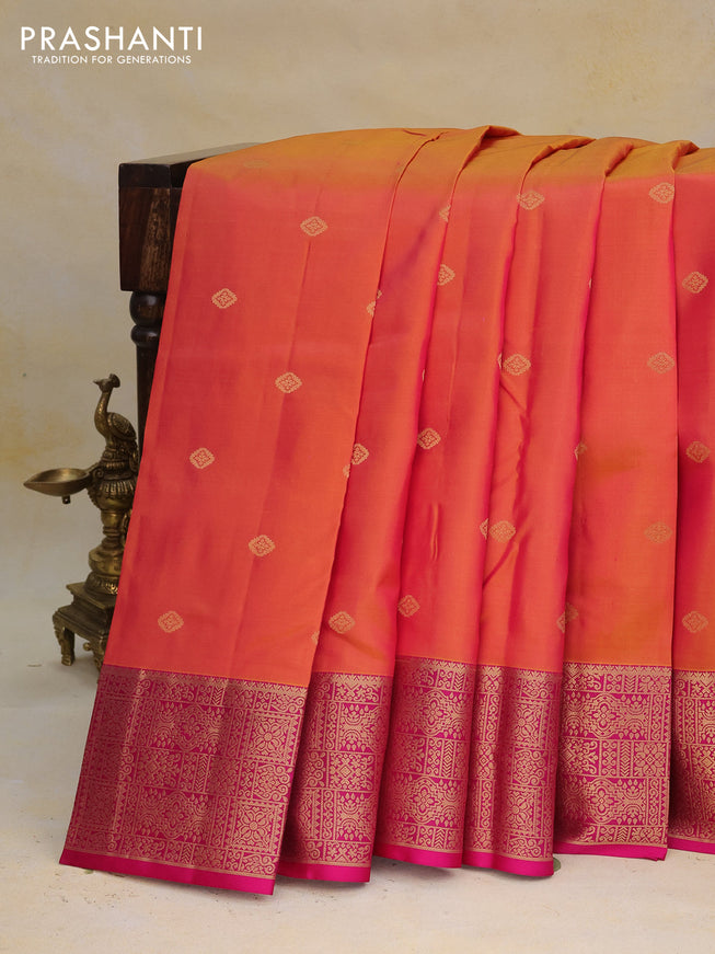 Pure kanchipuram silk saree dual shade of pinkish orange and pink with zari woven buttas and rich zari woven border