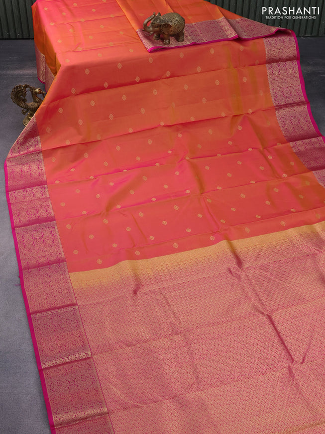 Pure kanchipuram silk saree dual shade of pinkish orange and pink with zari woven buttas and rich zari woven border