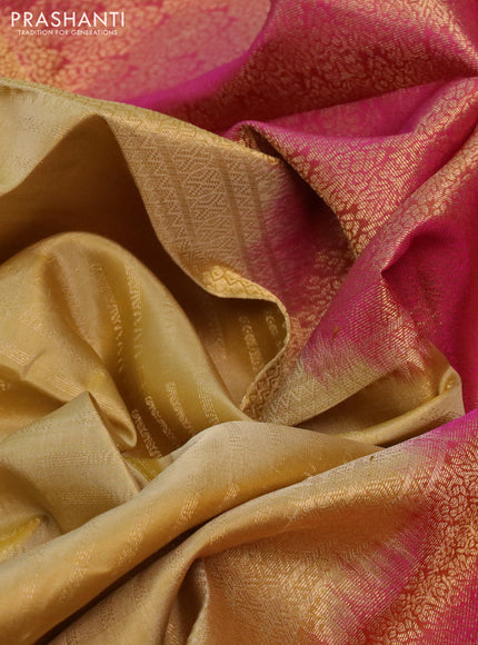 Pure kanchipuram silk saree sandal and pink with allover zari woven butta weaves and rich zari woven border