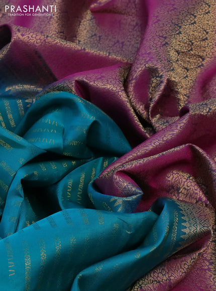 Pure kanchipuram silk saree teal blue and purple with allover zari woven butta weaves and rich zari woven border