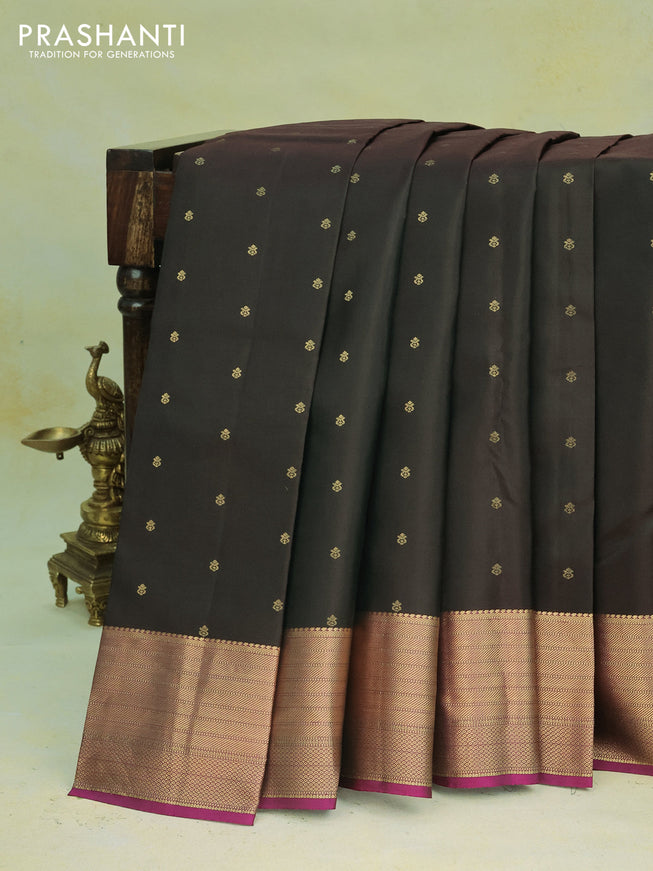 Pure kanchipuram silk saree deep maroon and purple with allover zari woven buttas and rich zari woven border