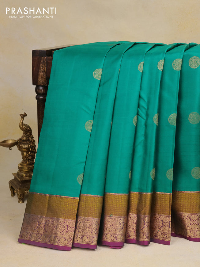 Pure kanchipuram silk saree teal green and purple with zari woven buttas and rich zari woven border