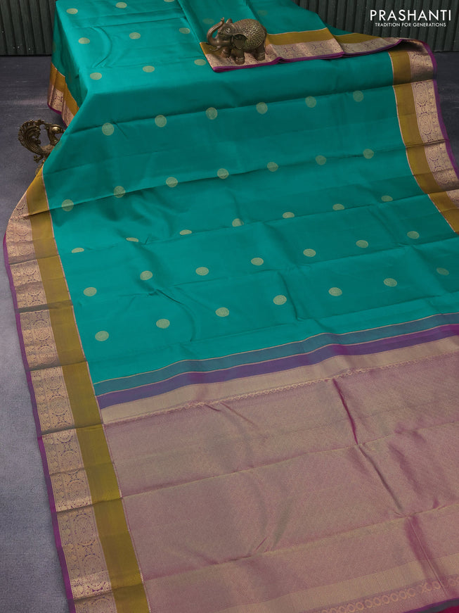 Pure kanchipuram silk saree teal green and purple with zari woven buttas and rich zari woven border