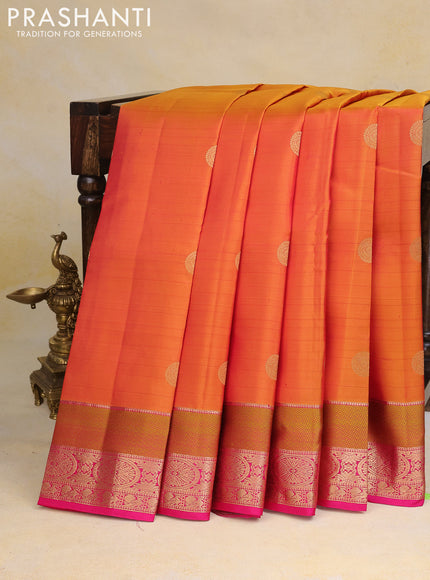 Pure kanchipuram silk saree dual shade of mustard yellow and pink with zari woven buttas and rich zari woven border