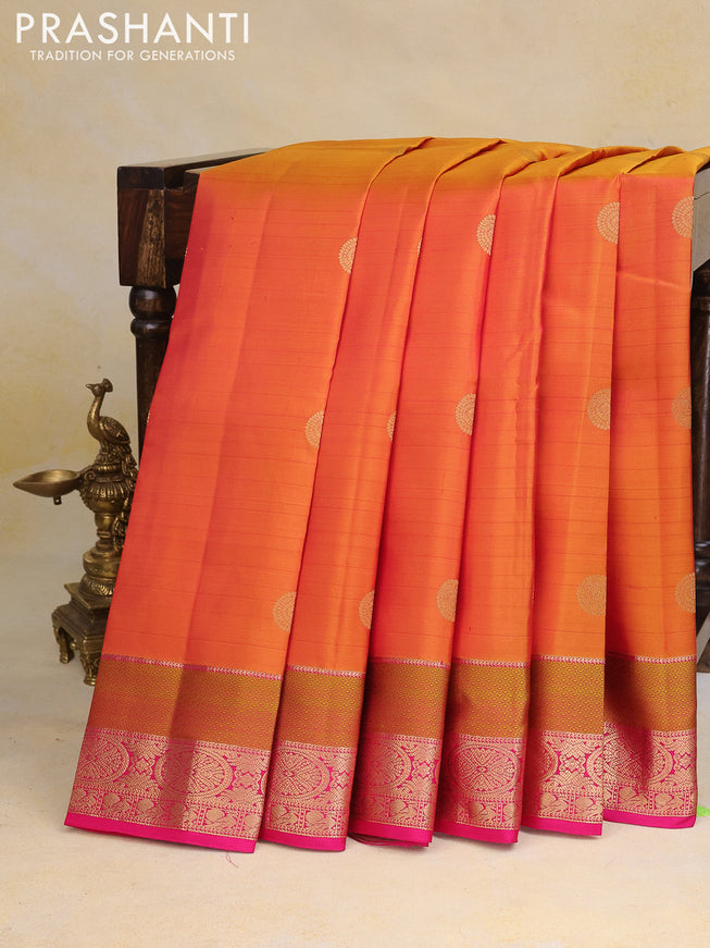 Pure kanchipuram silk saree dual shade of mustard yellow and pink with zari woven buttas and rich zari woven border