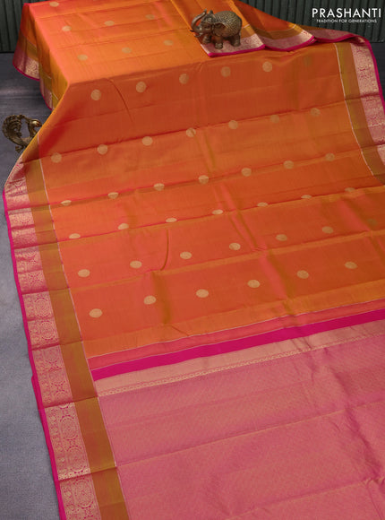 Pure kanchipuram silk saree dual shade of mustard yellow and pink with zari woven buttas and rich zari woven border