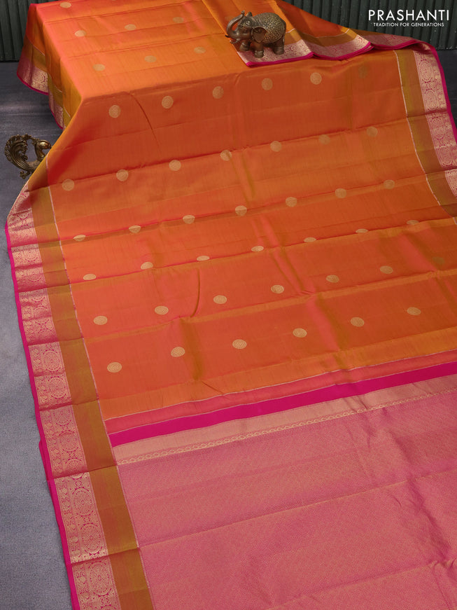 Pure kanchipuram silk saree dual shade of mustard yellow and pink with zari woven buttas and rich zari woven border