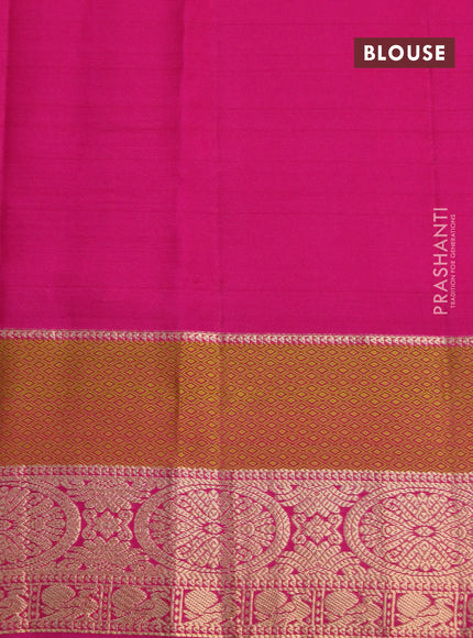 Pure kanchipuram silk saree dual shade of mustard yellow and pink with zari woven buttas and rich zari woven border