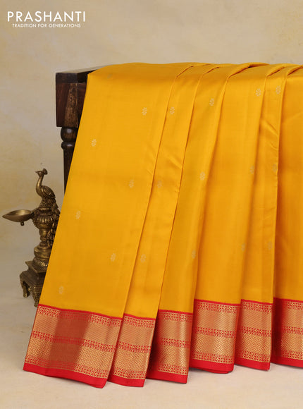 Pure kanchipuram silk saree mustard yellow and red with zari woven buttas and zari woven korvai border