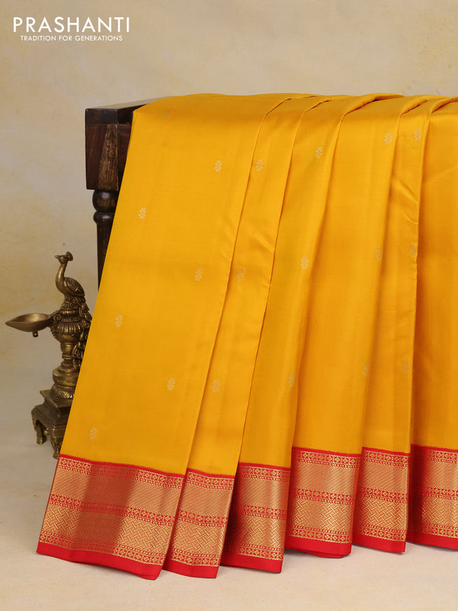 Pure kanchipuram silk saree mustard yellow and red with zari woven buttas and zari woven korvai border