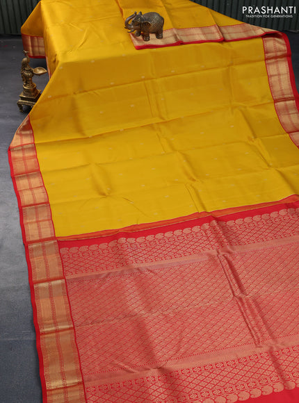 Pure kanchipuram silk saree mustard yellow and red with zari woven buttas and zari woven korvai border