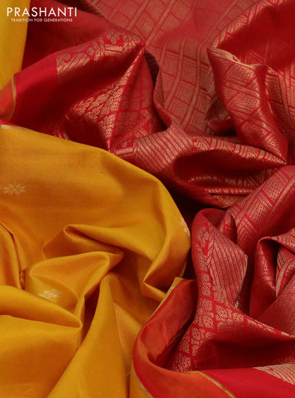 Pure kanchipuram silk saree mustard yellow and red with zari woven buttas and zari woven korvai border