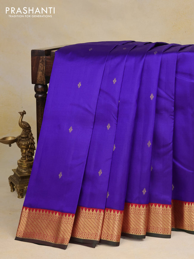 Pure kanchipuram silk saree blue and maroon with zari woven buttas and zari woven korvai border