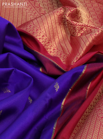 Pure kanchipuram silk saree blue and maroon with zari woven buttas and zari woven korvai border