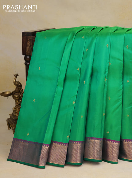 Pure kanchipuram silk saree parrot green and purple with zari woven buttas and zari woven border