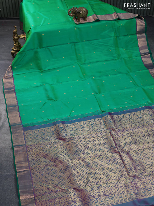 Pure kanchipuram silk saree parrot green and purple with zari woven buttas and zari woven border