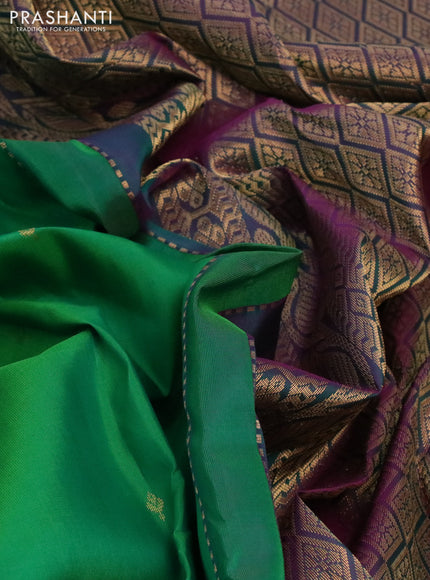 Pure kanchipuram silk saree parrot green and purple with zari woven buttas and zari woven border