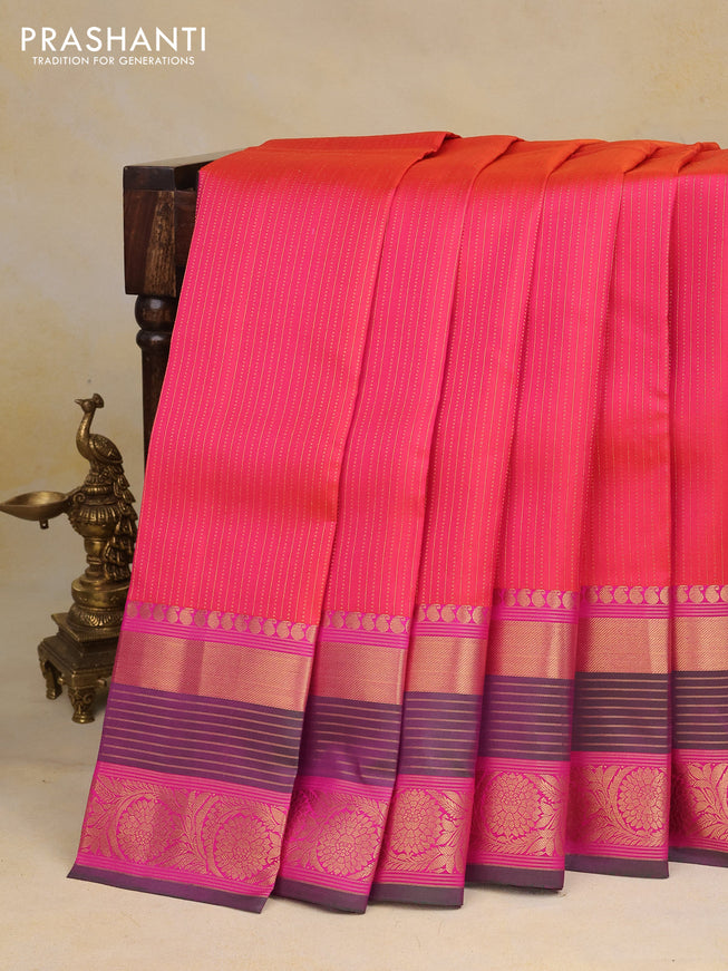 Pure kanchipuram silk saree dual shade of pinkish orange and pink with allover zari weaves and zari woven border