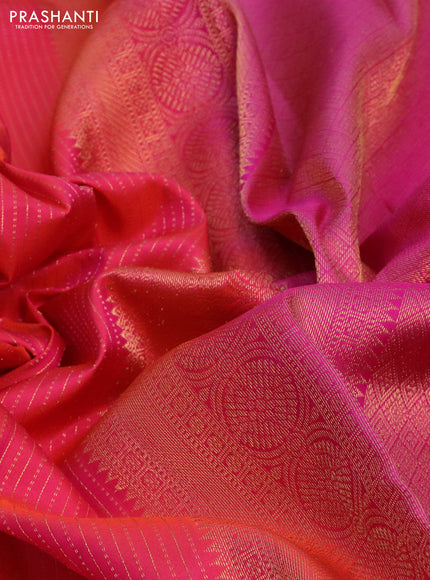 Pure kanchipuram silk saree dual shade of pinkish orange and pink with allover zari weaves and zari woven border