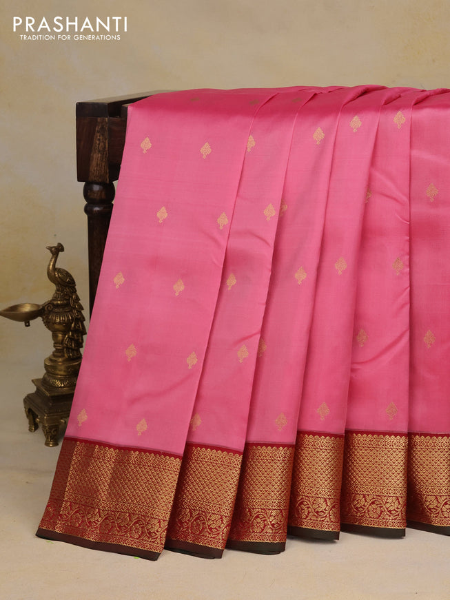 Pure kanchipuram silk saree pink shade and maroon with zari woven buttas and zari woven korvai border