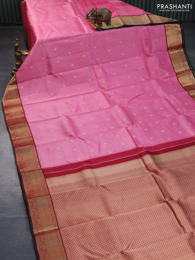 Pure kanchipuram silk saree pink shade and maroon with zari woven buttas and zari woven korvai border