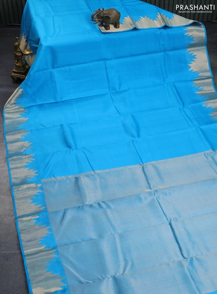 Pure kanchipuram silk saree light blue with plain body and temple zari woven border