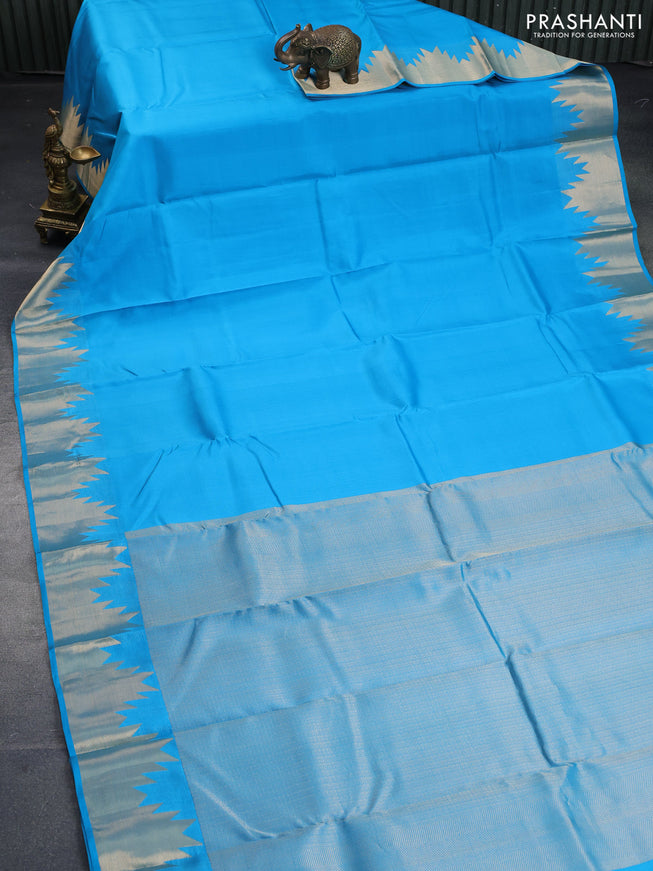 Pure kanchipuram silk saree light blue with plain body and temple zari woven border