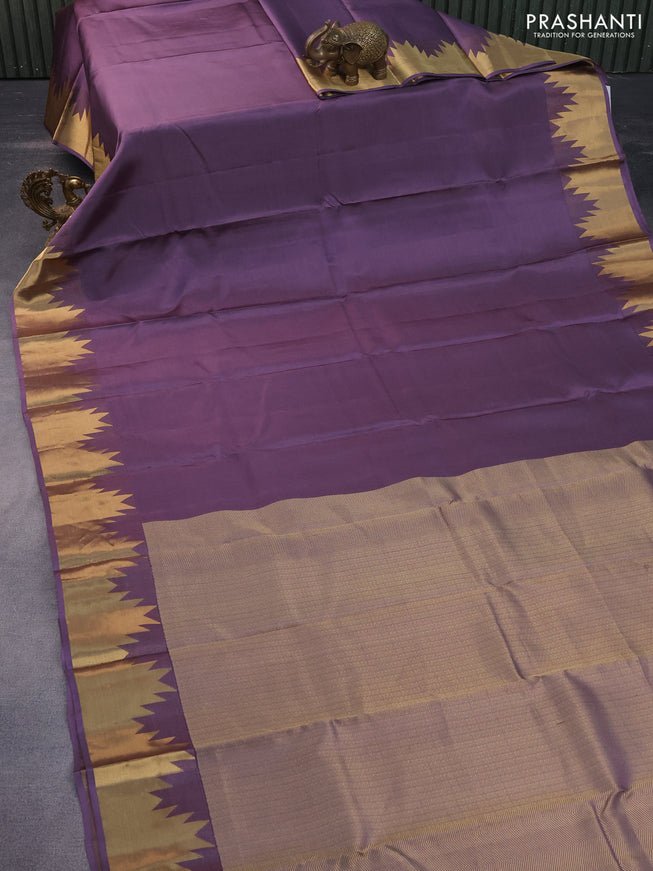 Pure kanchipuram silk saree pastel purple with plain body and temple zari woven border