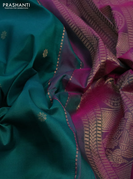 Pure kanchipuram silk saree peacock green and dual shade of purple with zari woven buttas and rich zari woven border