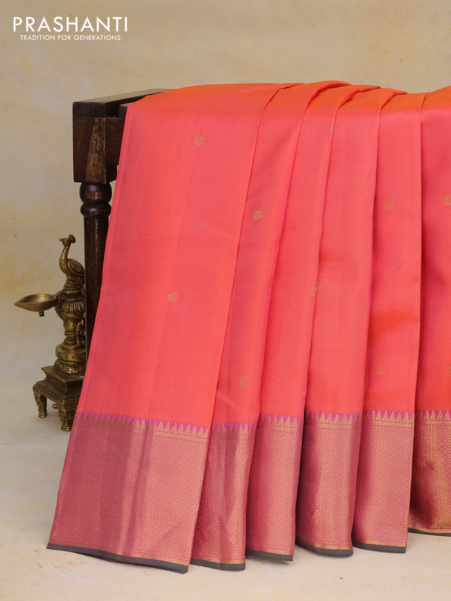 Pure kanchipuram silk saree dual shade of pinkish orange and pink with zari woven buttas and rich zari woven border