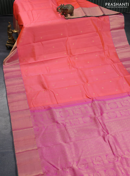 Pure kanchipuram silk saree dual shade of pinkish orange and pink with zari woven buttas and rich zari woven border