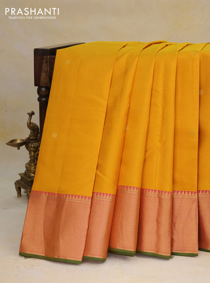 Pure kanchipuram silk saree yellow and dual shade of pink with zari woven buttas and rich zari woven border