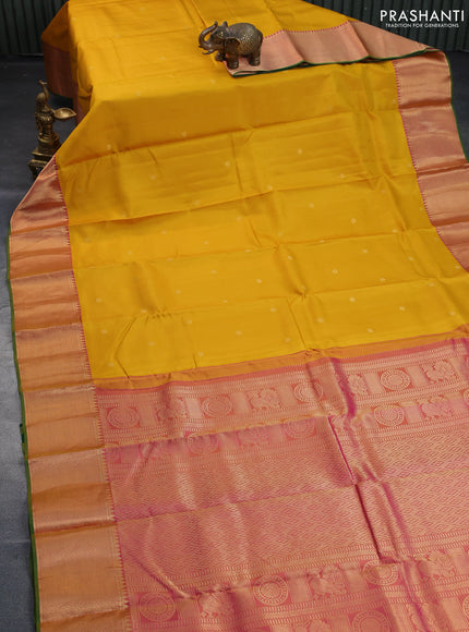 Pure kanchipuram silk saree yellow and dual shade of pink with zari woven buttas and rich zari woven border