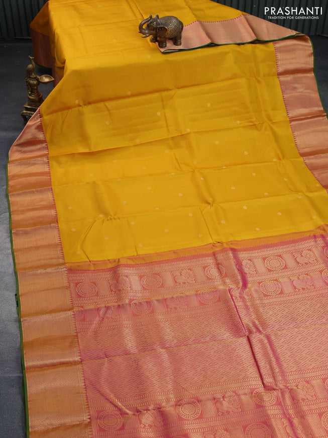 Pure kanchipuram silk saree yellow and dual shade of pink with zari woven buttas and rich zari woven border