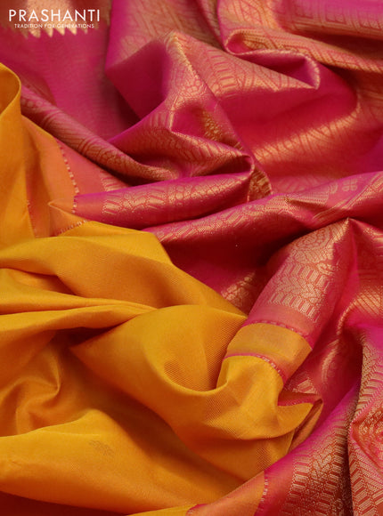 Pure kanchipuram silk saree yellow and dual shade of pink with zari woven buttas and rich zari woven border