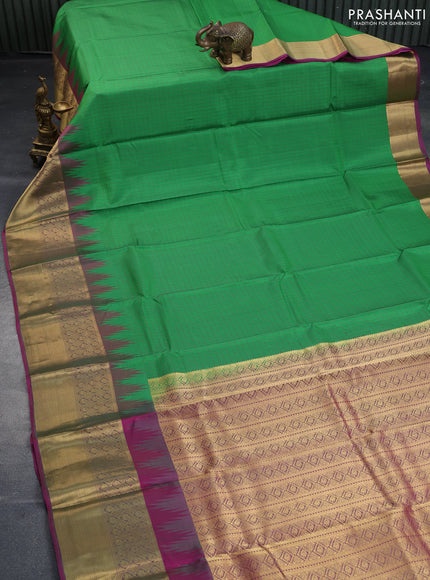 Pure kanchipuram silk saree green and purple with allover thread woven checked pattern and temple design zari woven border