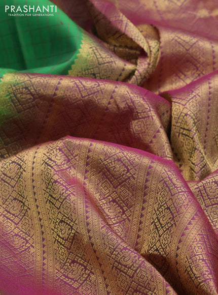 Pure kanchipuram silk saree green and purple with allover thread woven checked pattern and temple design zari woven border