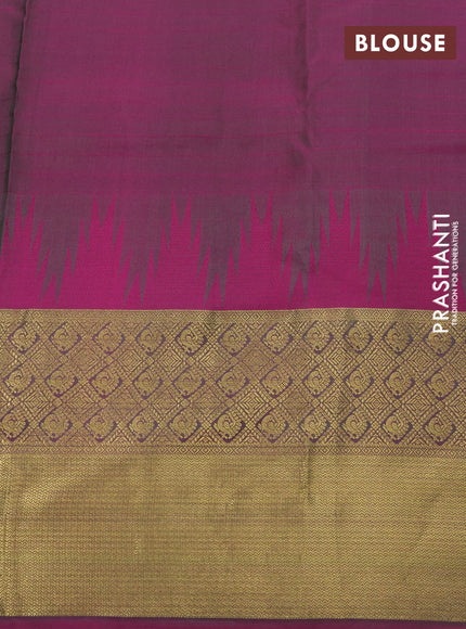 Pure kanchipuram silk saree green and purple with allover thread woven checked pattern and temple design zari woven border