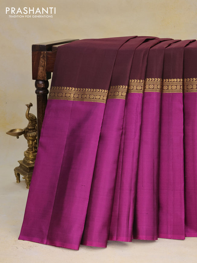 Pure kanchipuram silk saree deep maroon green and purple with plain body and ganga jamuna border