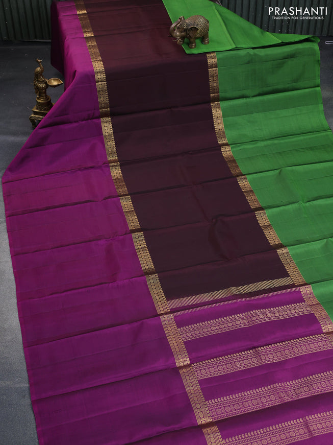 Pure kanchipuram silk saree deep maroon green and purple with plain body and ganga jamuna border