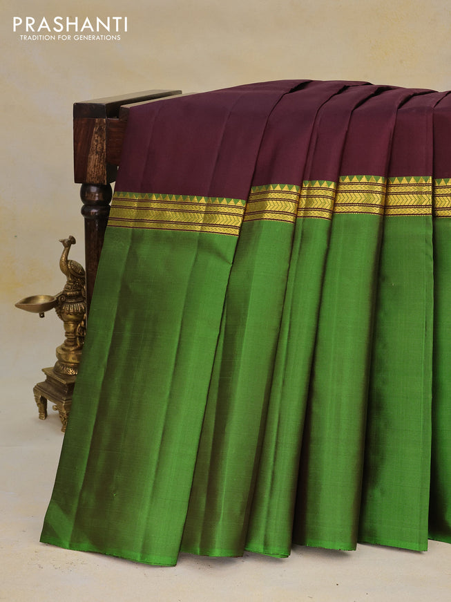 Pure kanchipuram silk saree deep maroon mustard yellow and green with plain body and ganga jamuna border